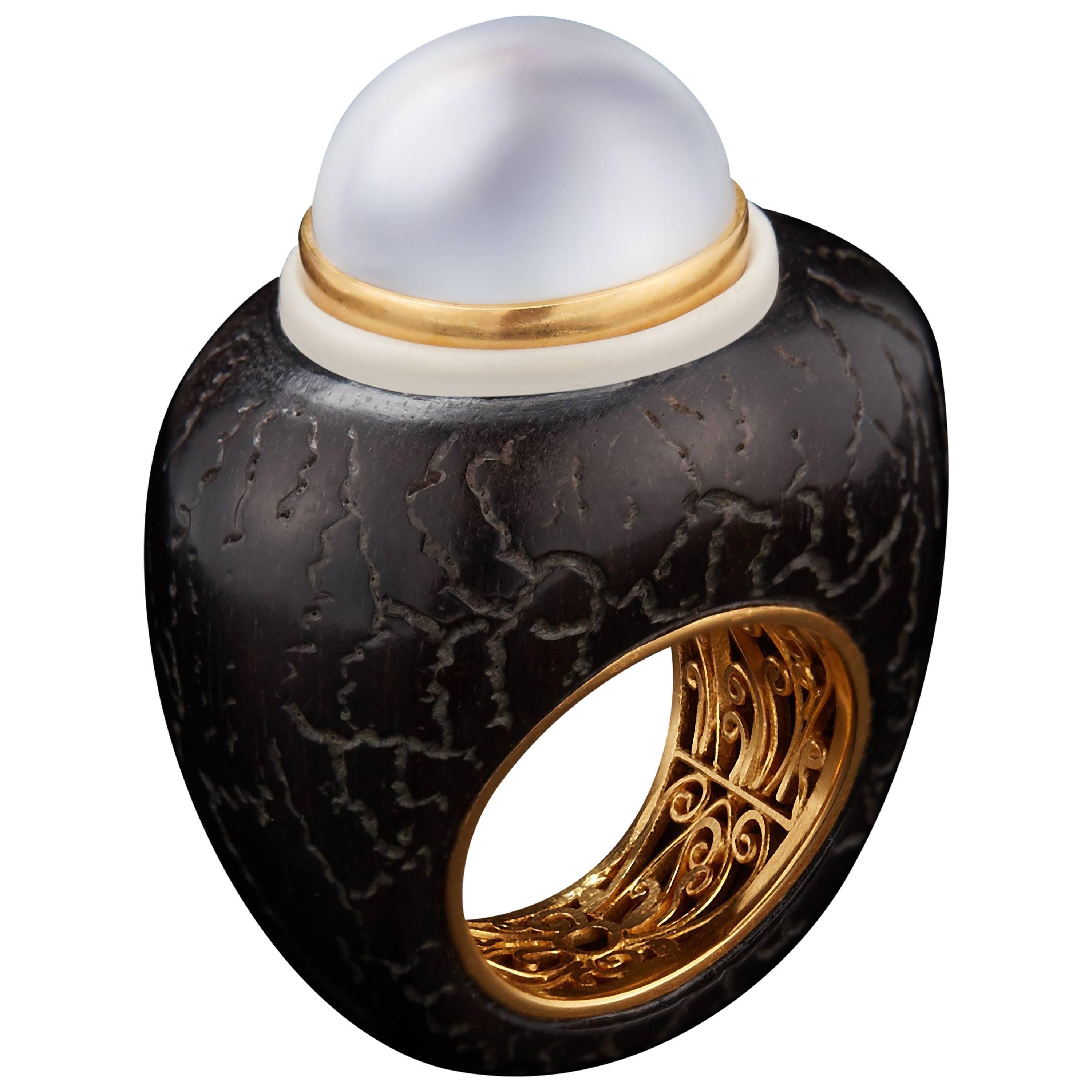 Alexandra Mor Ring with Majestic White Baroque South-Sea Pearl and Tagua Seed