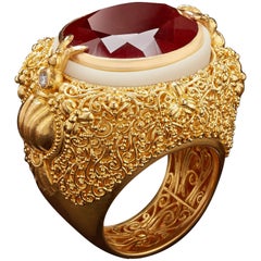 Alexandra Mor Orange Spessartite Garnet with Gold Filigree and Tagua Seed Ring