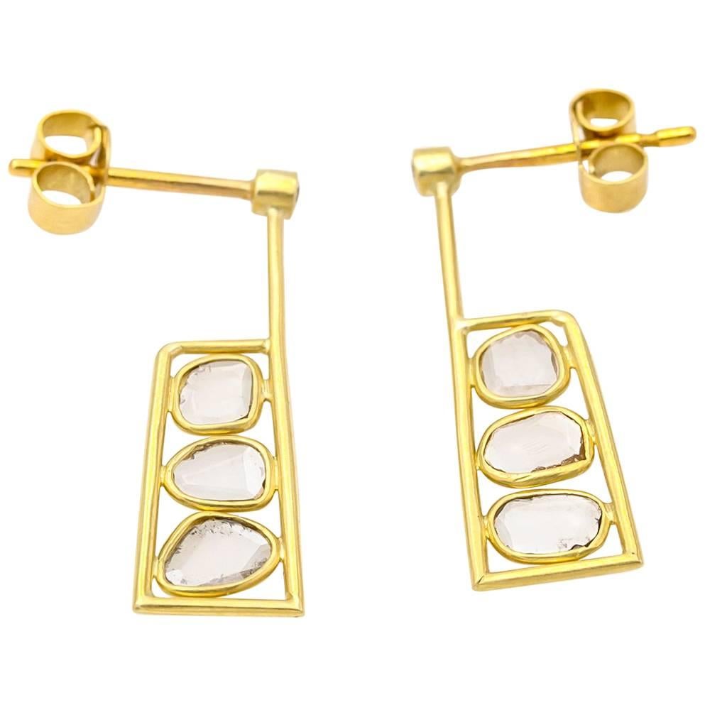 Satin Yellow Gold and Rose Cut Diamond Square Rectangle Post Earrings