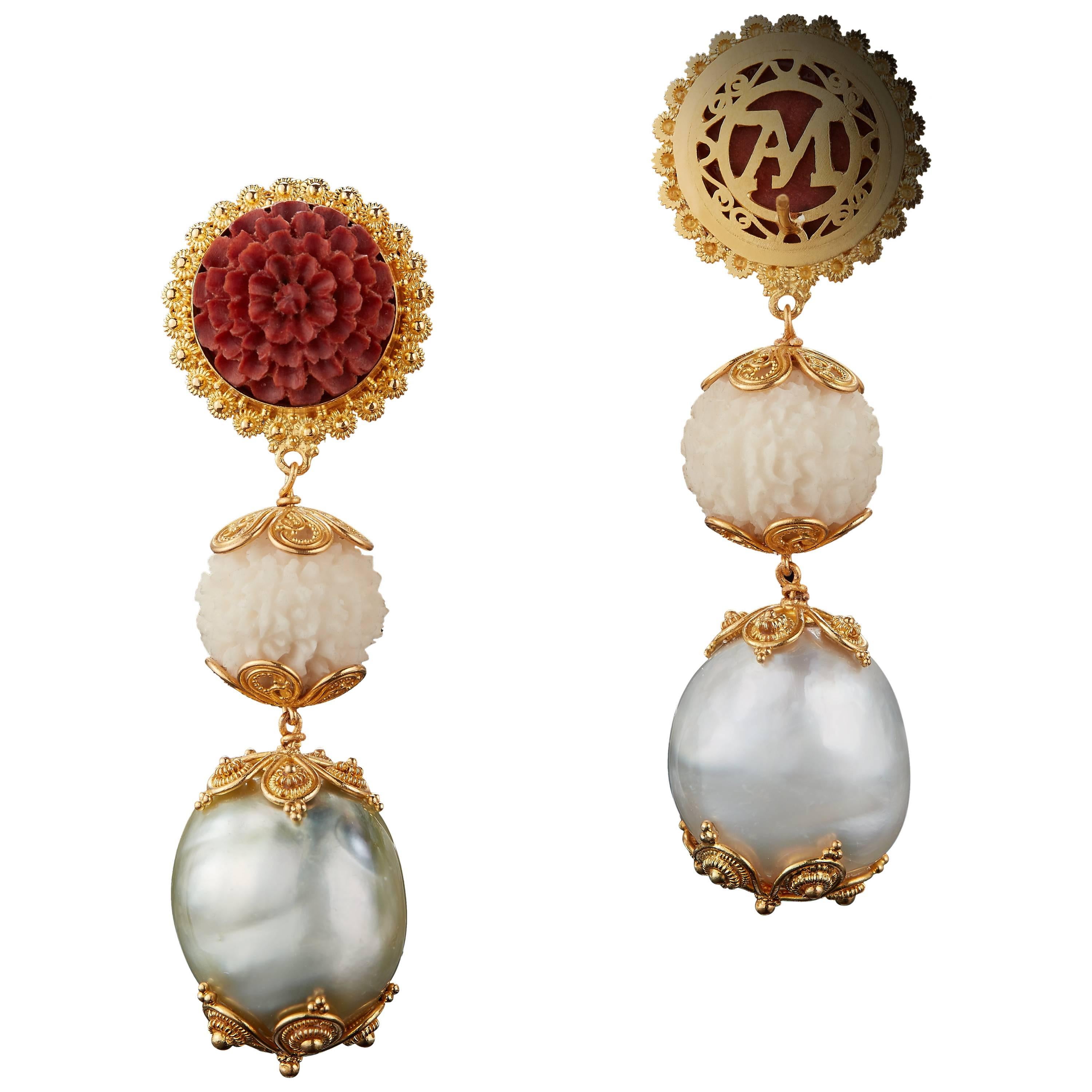 Three-Tier Carved Sawo Wood Flower and Baroque Pearl Earrings For Sale