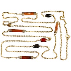 Antique Victorian Scottish Agate Necklace Long Gold Guard Chain, circa 1860 4