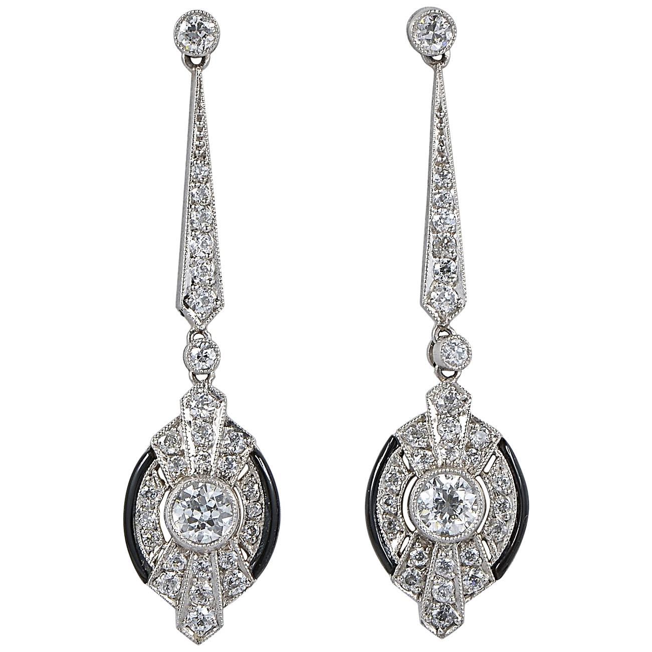 Art Deco 3.0 Carat Diamond Black Onyx Platinum Drop Earrings For Sale