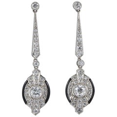 Art Deco 3.0 Carat Diamond Black Onyx Platinum Drop Earrings