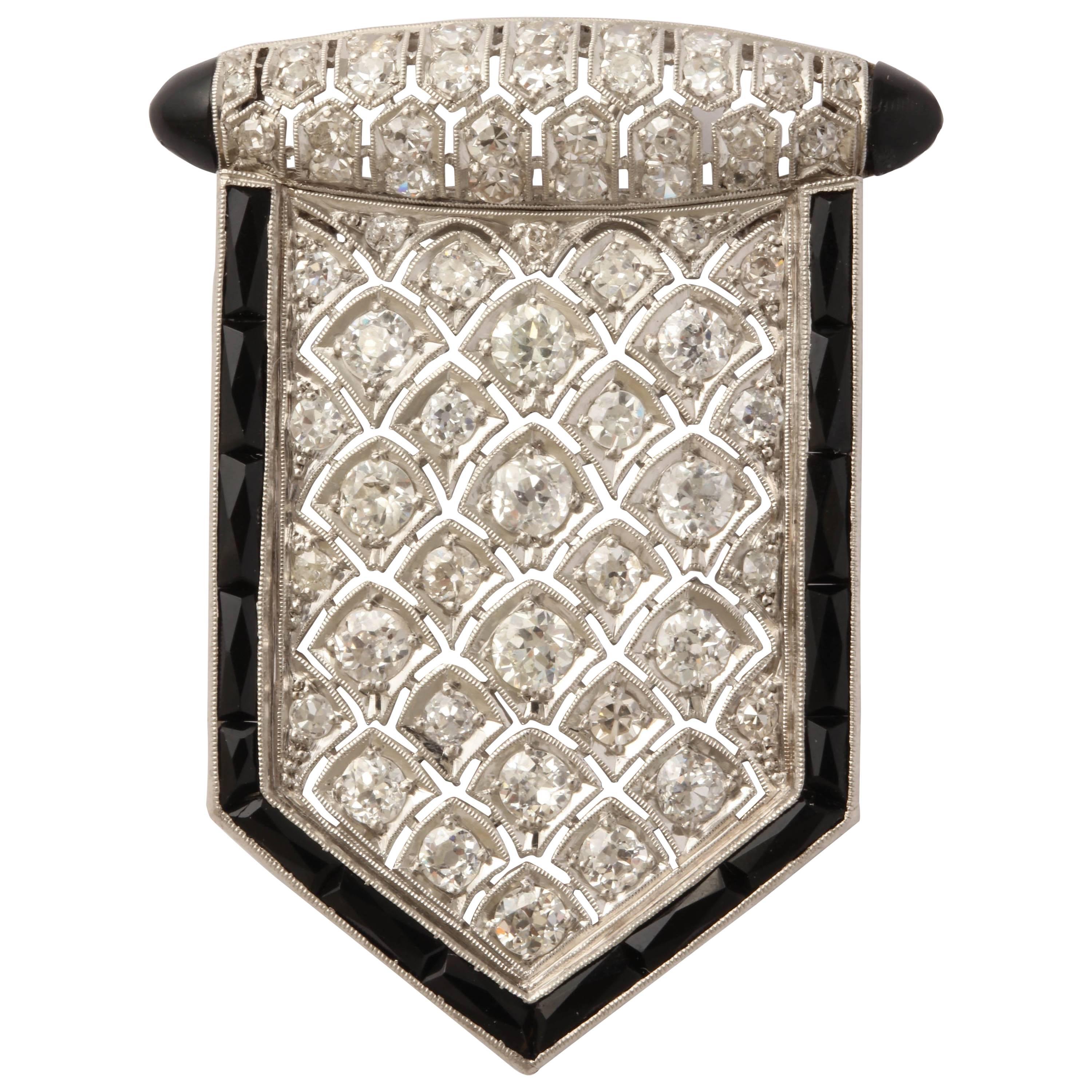 Art Deco Shield Shape Honeycomb Design Diamond and Onyx Platinum Pendantt