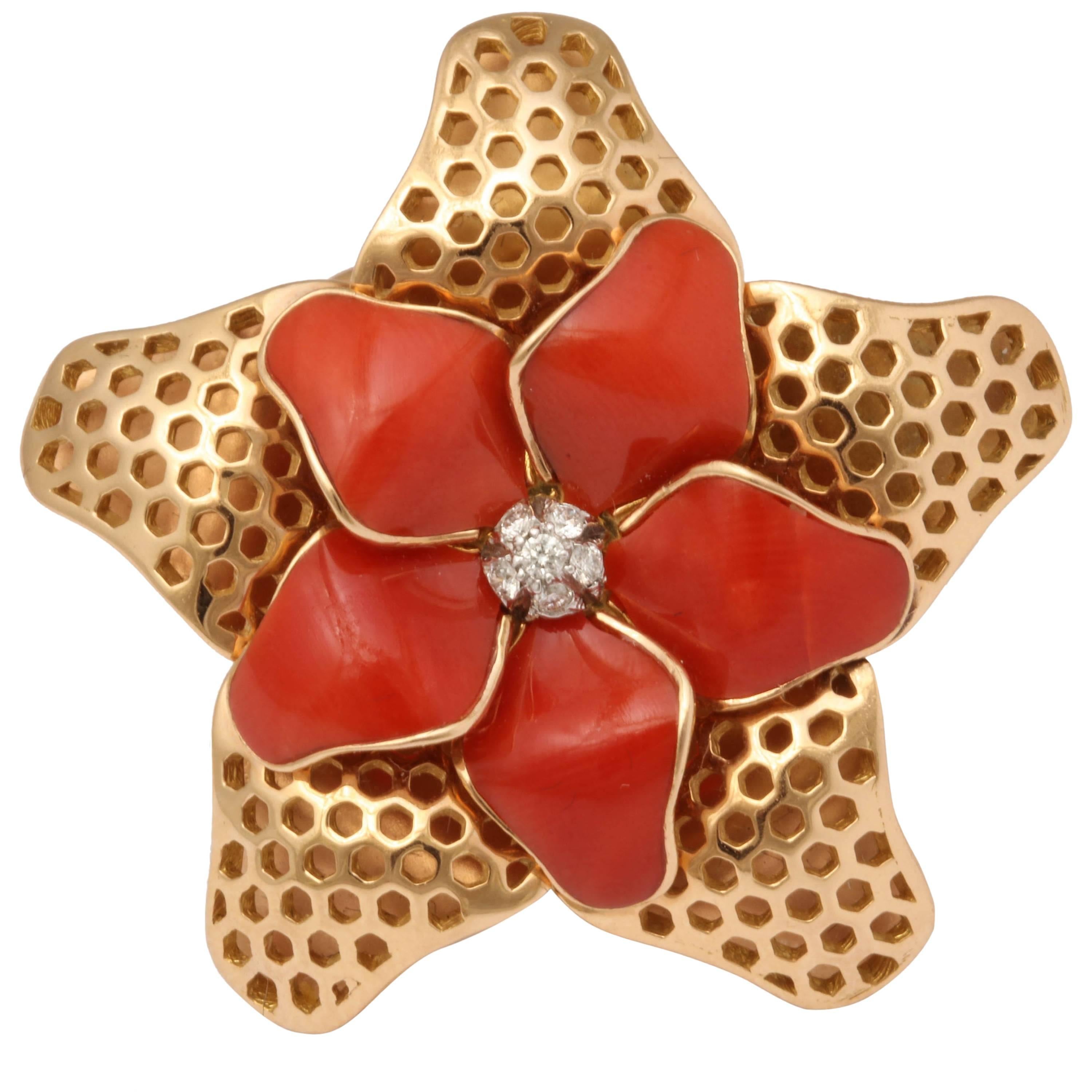 1980s Coral Diamond Starfish Ring