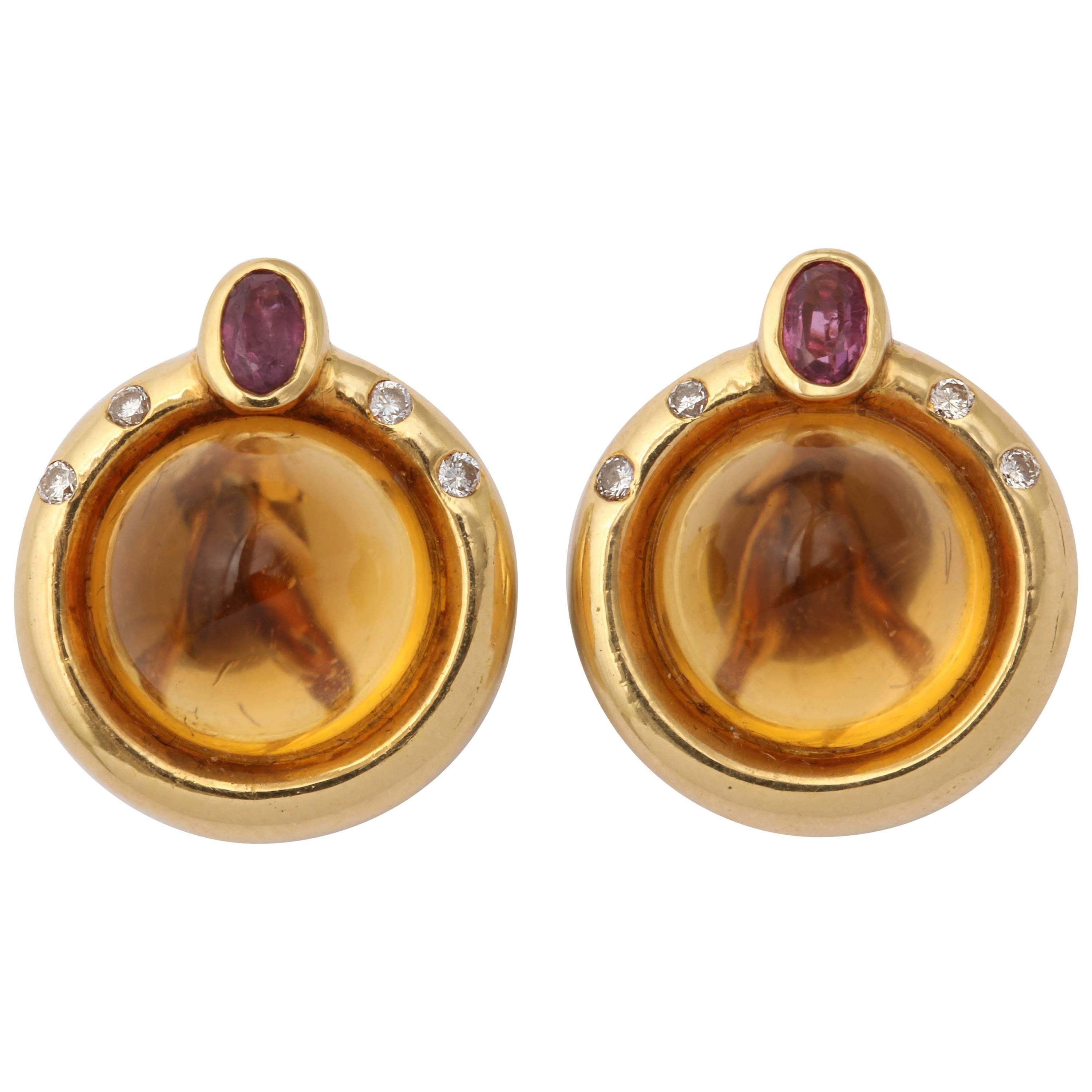 R.Cipullo 1990s Sugar Loaf Cut Citrine Ruby with Diamonds Gold Earrings For Sale