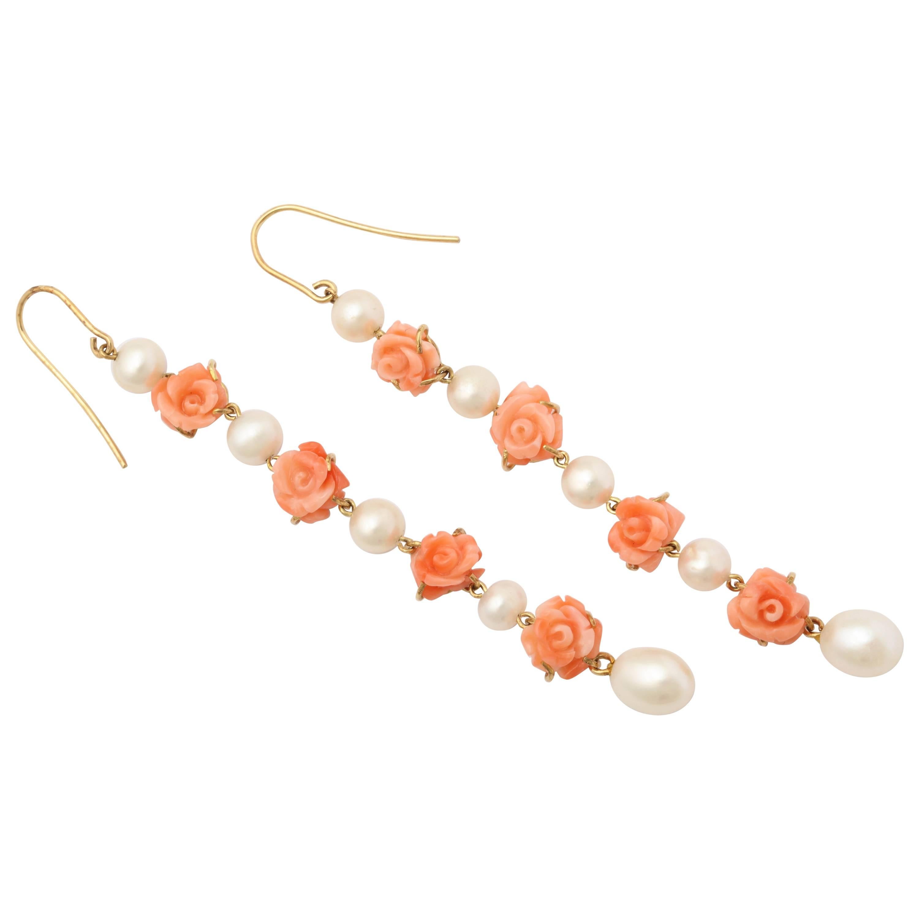 1950s Carved Coral Floral with Cultured Pearls Dangle Gold Earrings