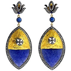 Carved Tanzanite Earring in Gold and Silver with Diamonds