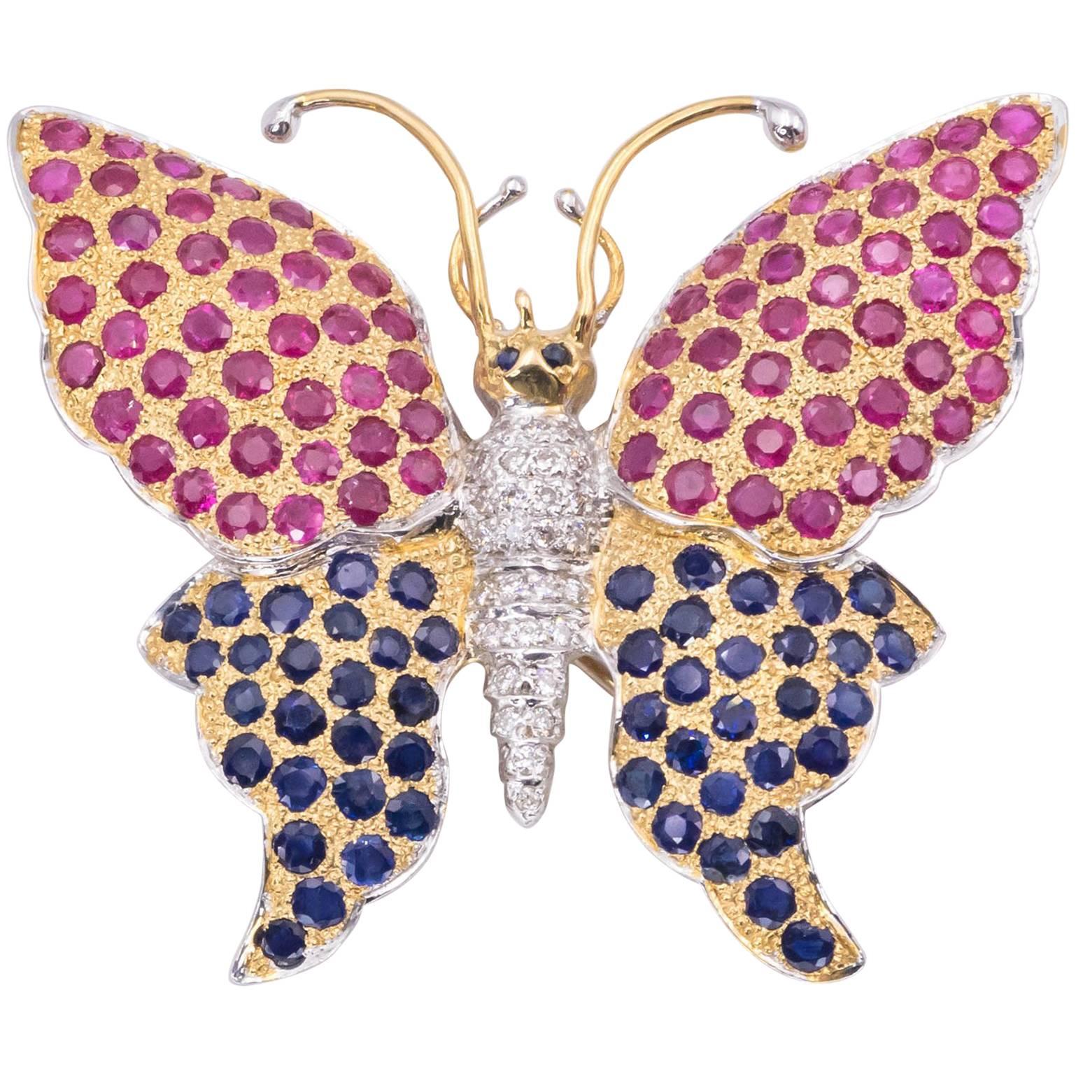Delightful Blue Sapphire Ruby and Diamond Butterfly Brooch For Sale