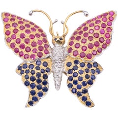 Delightful Blue Sapphire Ruby and Diamond Butterfly Brooch