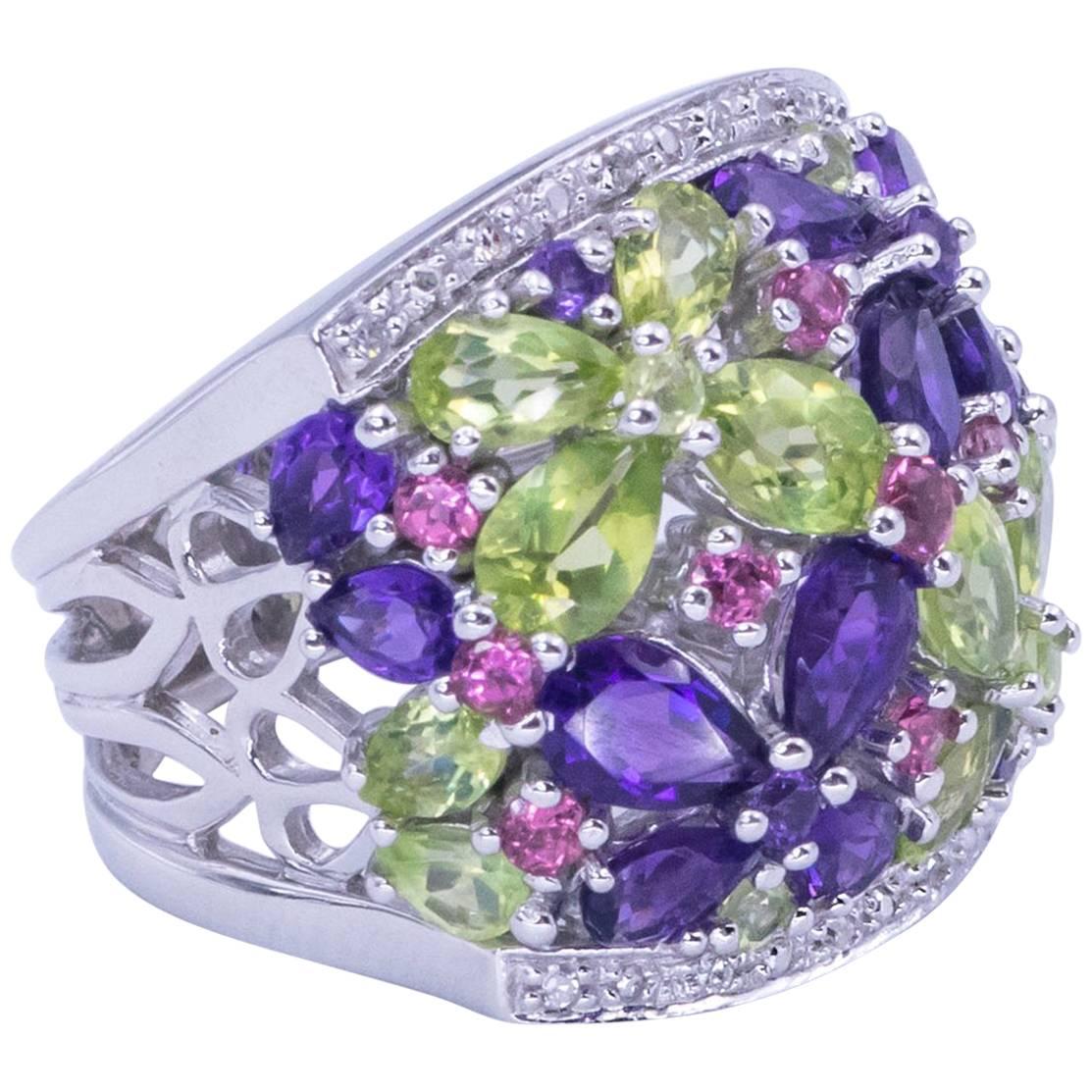 Adorable Amethyst Pink Tourmaline Peridot and Diamond Ring For Sale