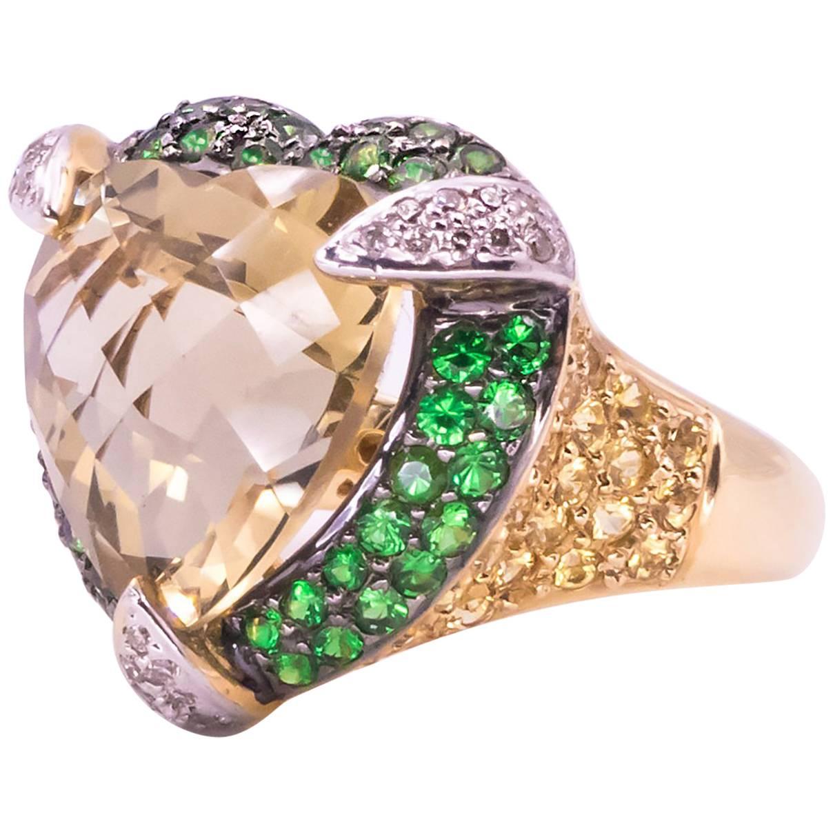 Heart Shaped Citrine Tsavorite Garnet Sapphire and Diamond Yellow Gold Ring For Sale