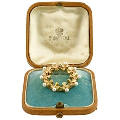 Antique Faberge Pearl Gold Clover Wreath Brooch in Original Fitted Box