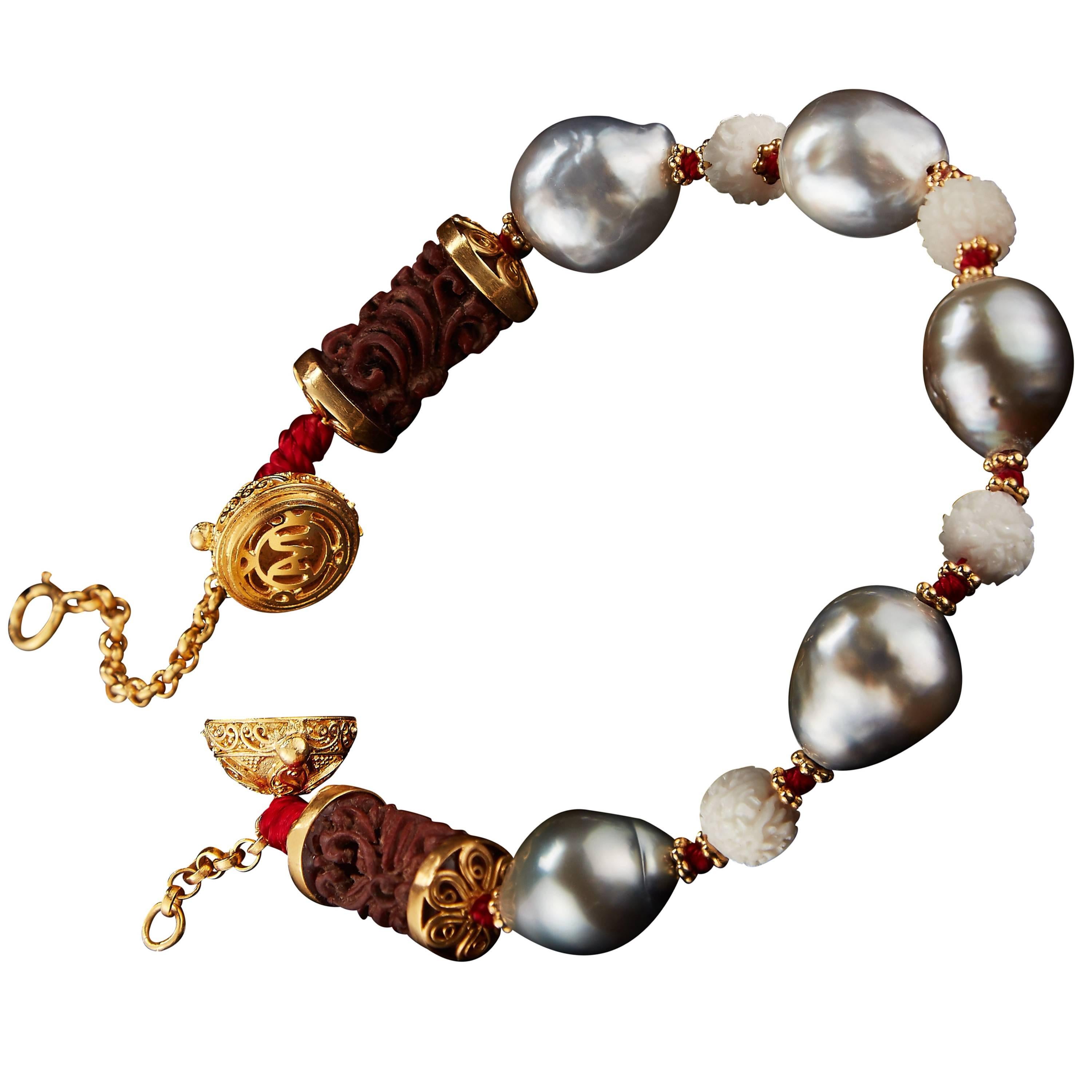 Alexandra Mor Bracelet with Wild-Harvested Tagua Seed, Sawo Wood, Baroque Pearls