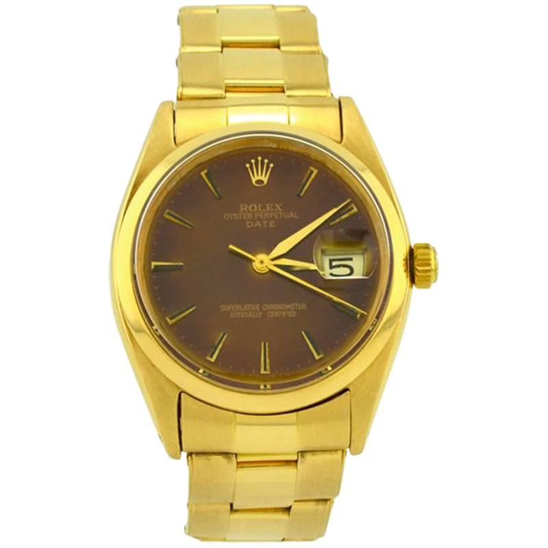 Rolex Yellow Gold Original brown Dial Date Automatic Wristwatch, 1977 For Sale