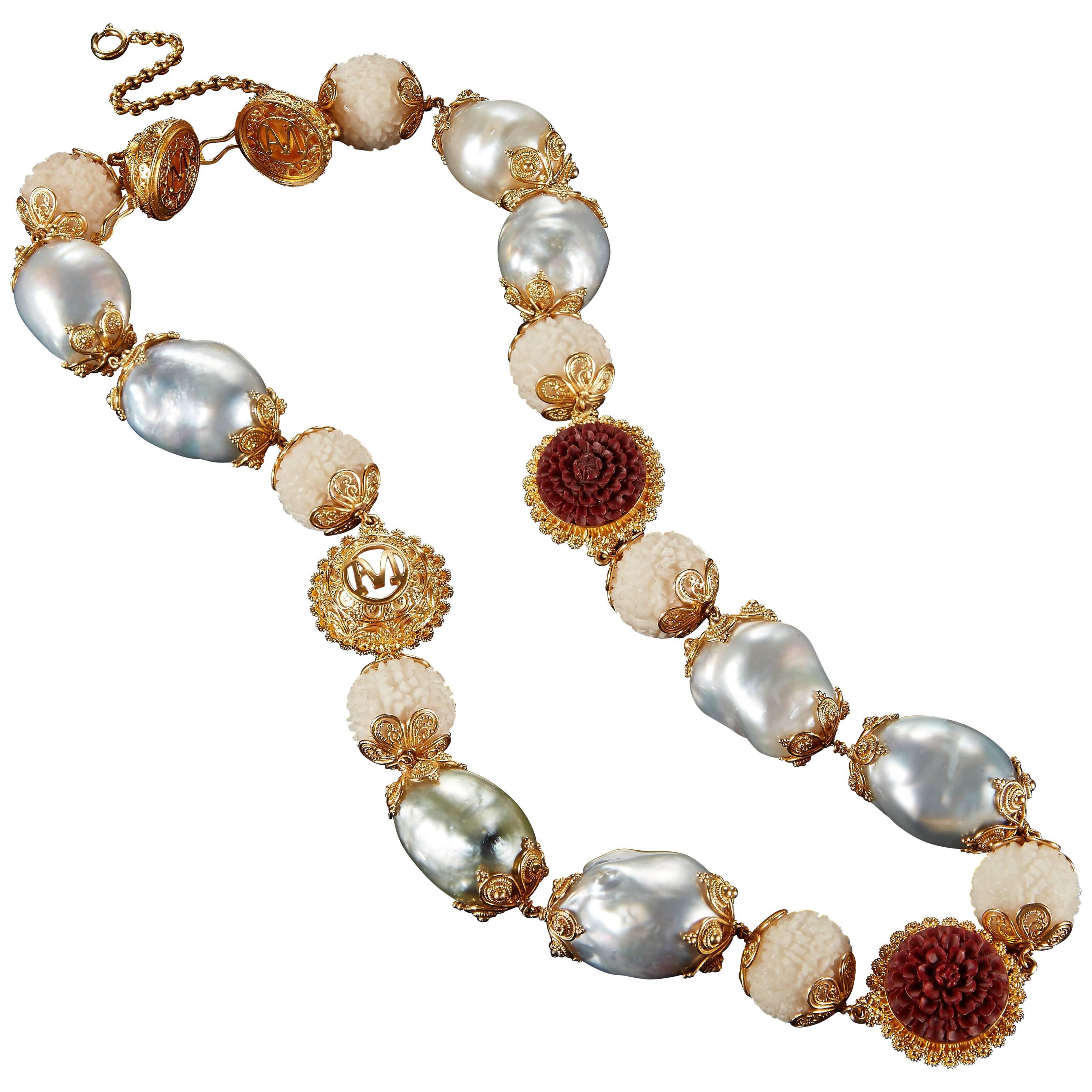 Alexandra Mor Necklace with Tagua, Sawo Wood and Baroque South Sea Pearl For Sale