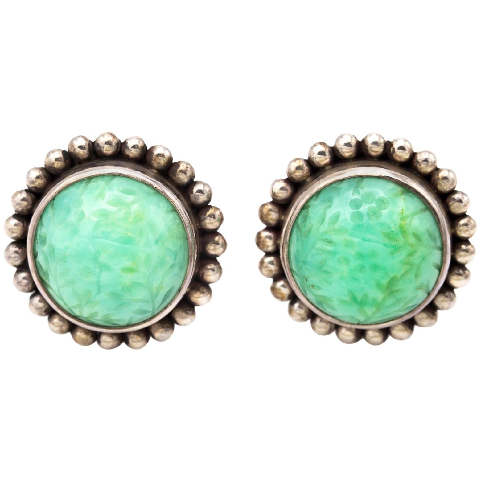 Sterling Silver and Carved Flowers Chrysoprase Earrings Stephen Dweck