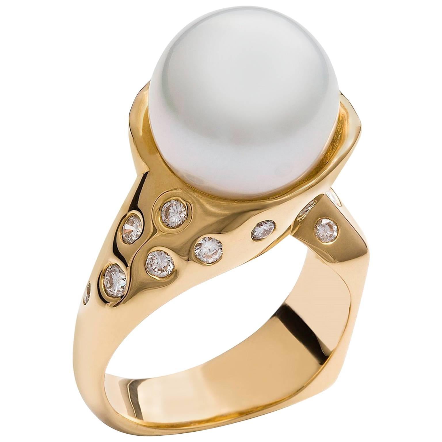 Kian Design Yellow Gold 13.15mm South Sea Pearl Diamond Ring