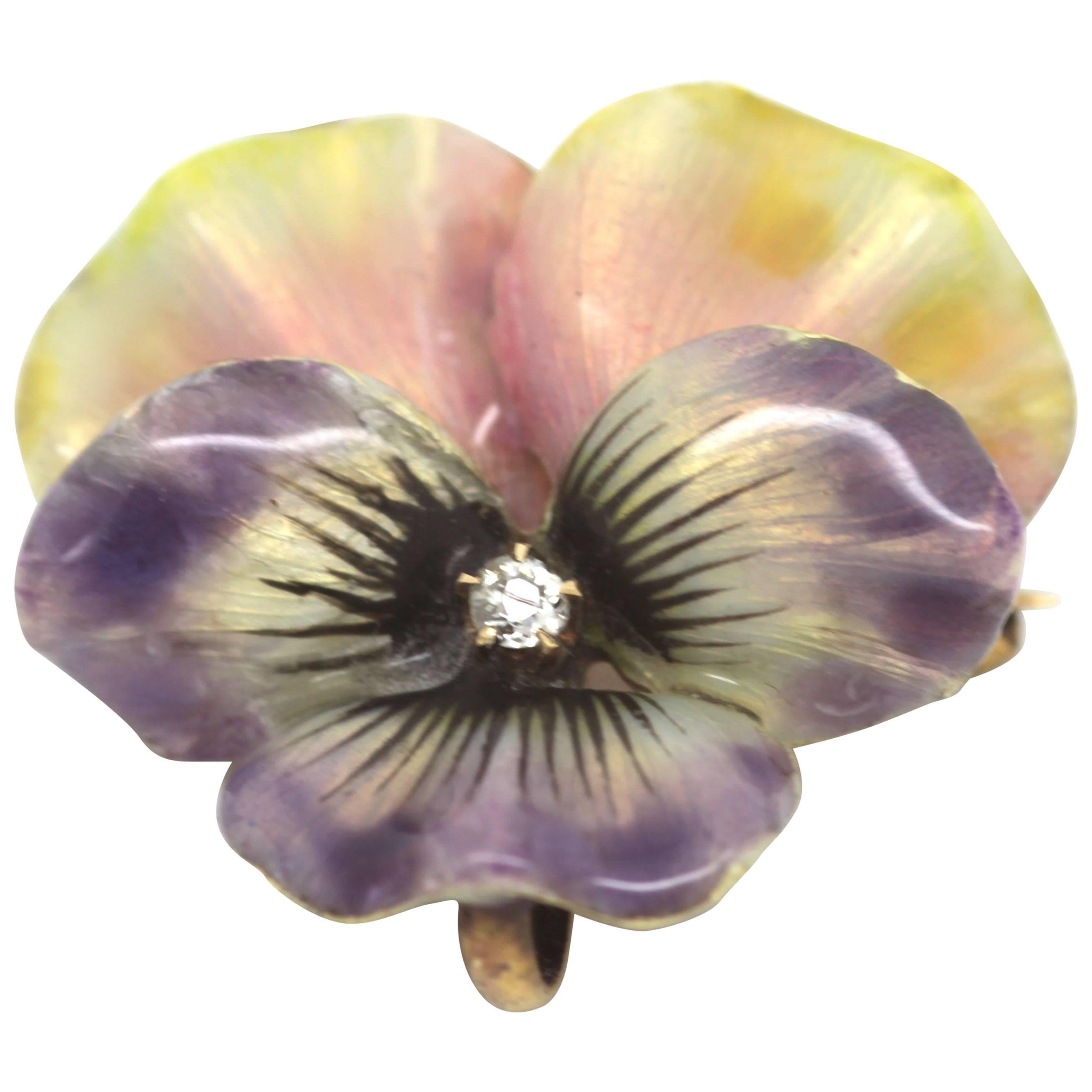 Edwardian Enamel and Diamond Flower Brooch/Pendant For Sale