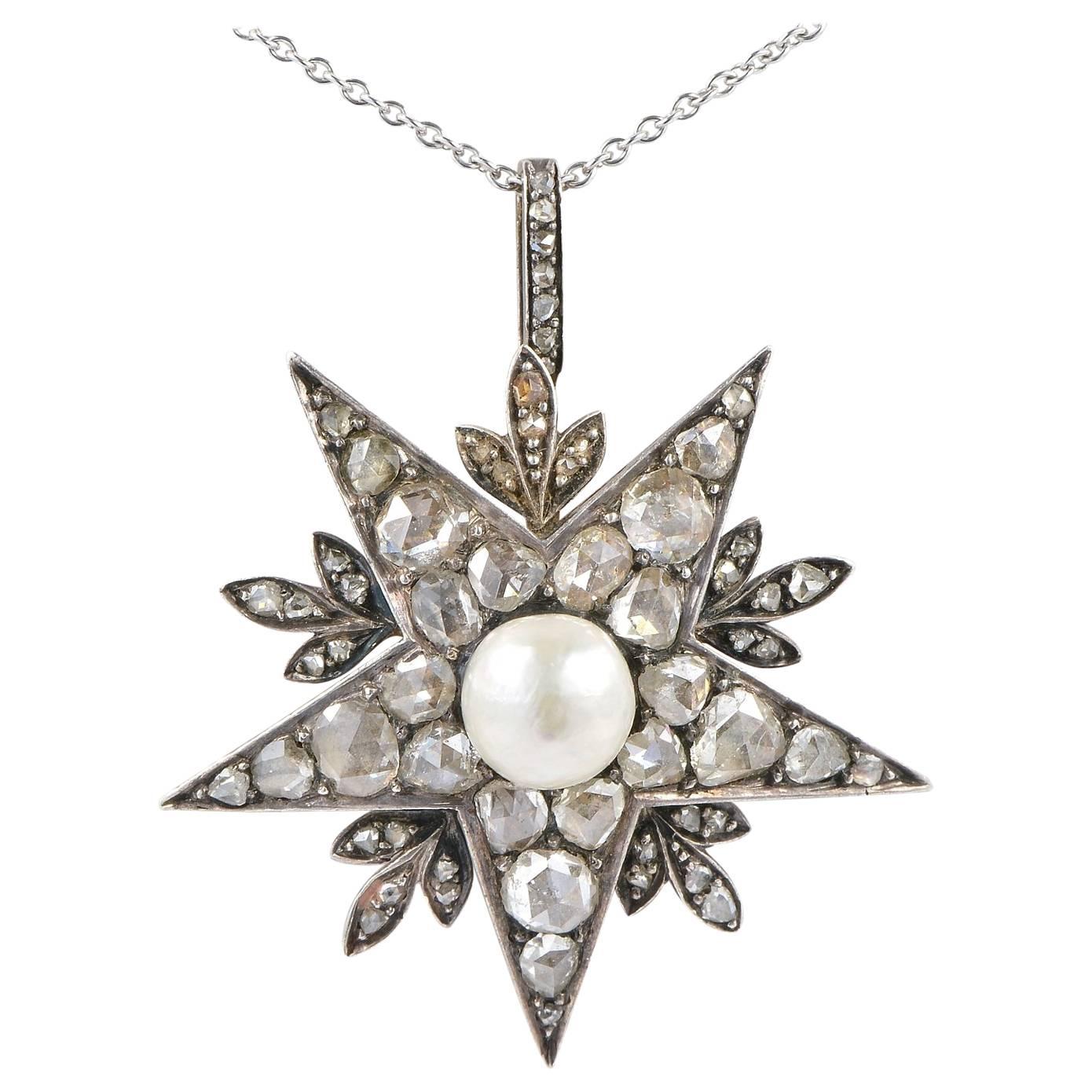 Victorian Natural Pearl 4.50 Carat Diamond Star Pendant For Sale