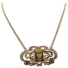 Art Nouveau Pendant Seed Pearl Ruby Diamond Yellow Gold