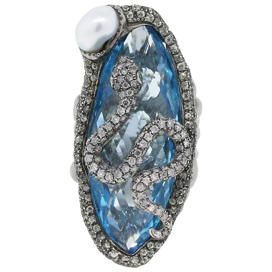 Aquamarine Diamond Pearl Snake Ring