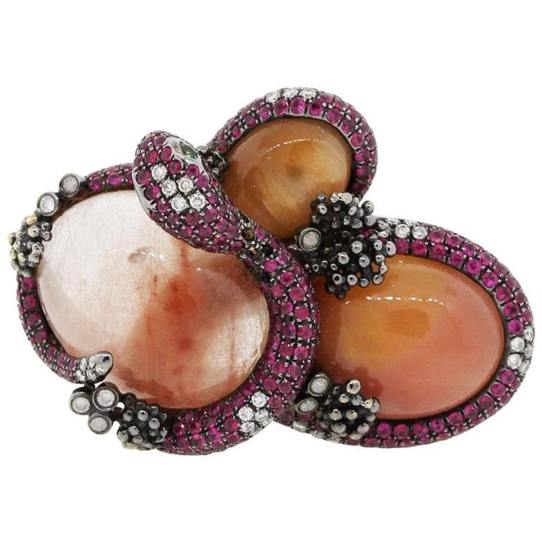 Orange Quartz Pink Sapphire Diamond Snake Ring at 1stDibs
