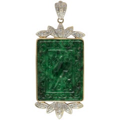 Modern Carved Chinese Jadeite and Diamond Pendant