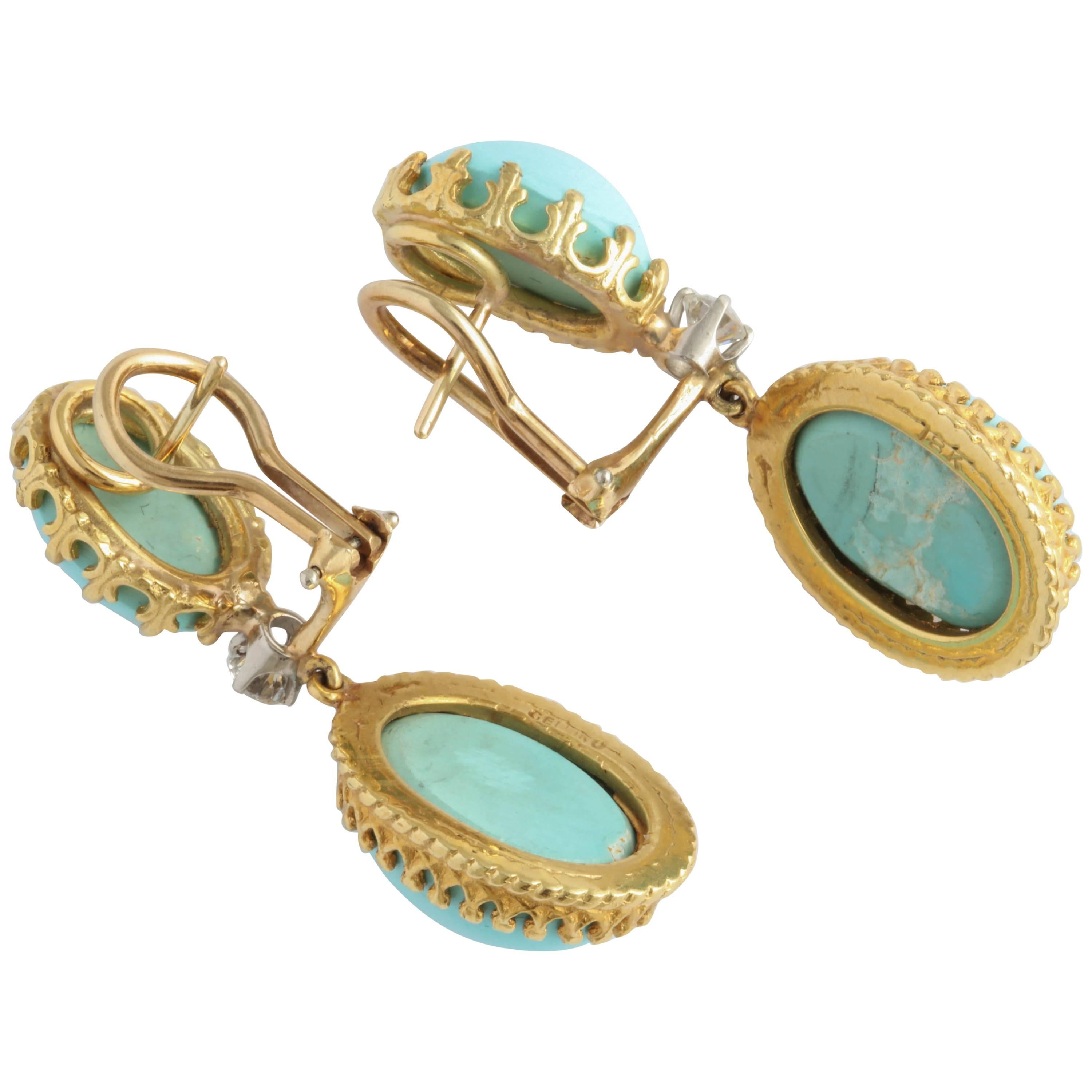 Cellini Gold Diamond and Turquoise Drop Earrings