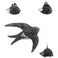 De Grisogono Diamond 18 Karat Black Rhodium Gold Earrings Brooch Pendent Set