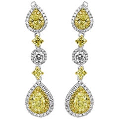 Natural Fancy Yellow Diamond Double Halo Two Color Gold Dangle Earring