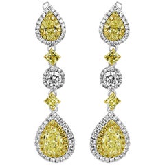 Natural Fancy Yellow Diamond Double Halo Two Color Gold Dangle Earring 9