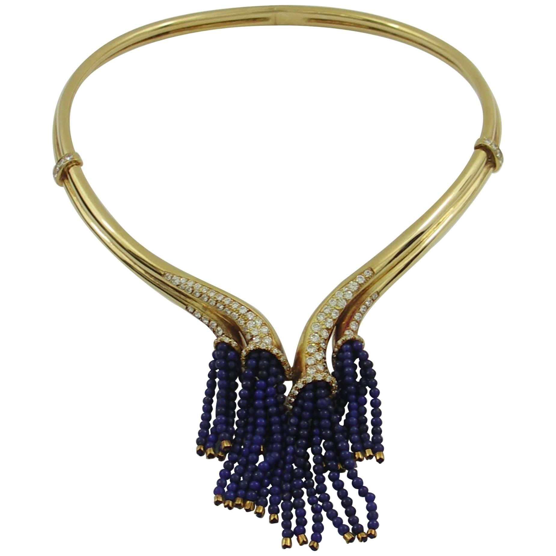 Gold Necklace with Diamonds and Lapis Bead Tassels