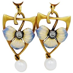 Antique Pearl Diamond Enamel Gold Dangle Earrings