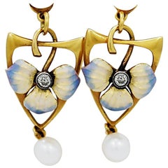 Pearl Diamond Enamel Gold Dangle Earrings 5