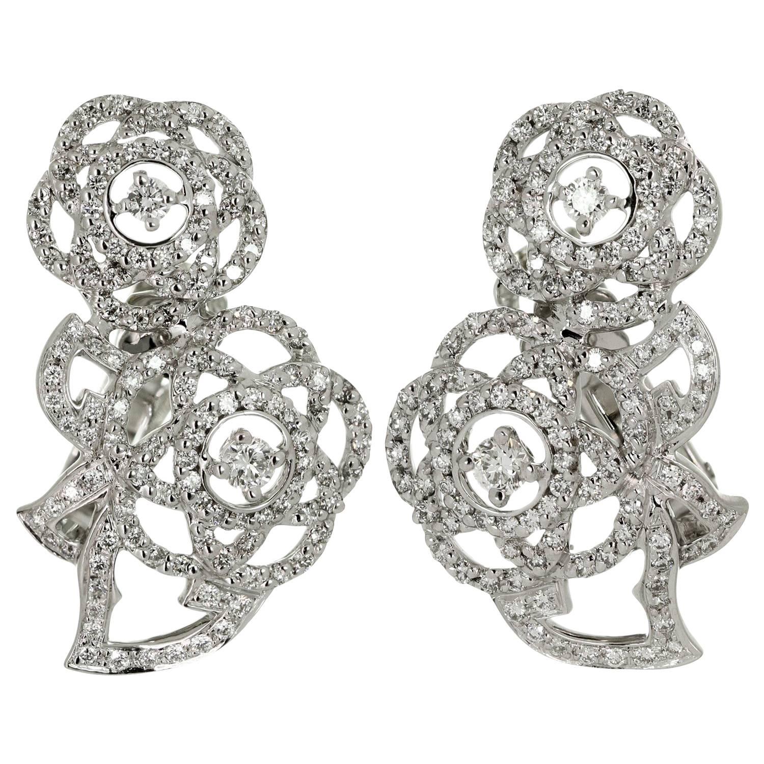 Chanel Double Camelia Diamond White Gold Earrings