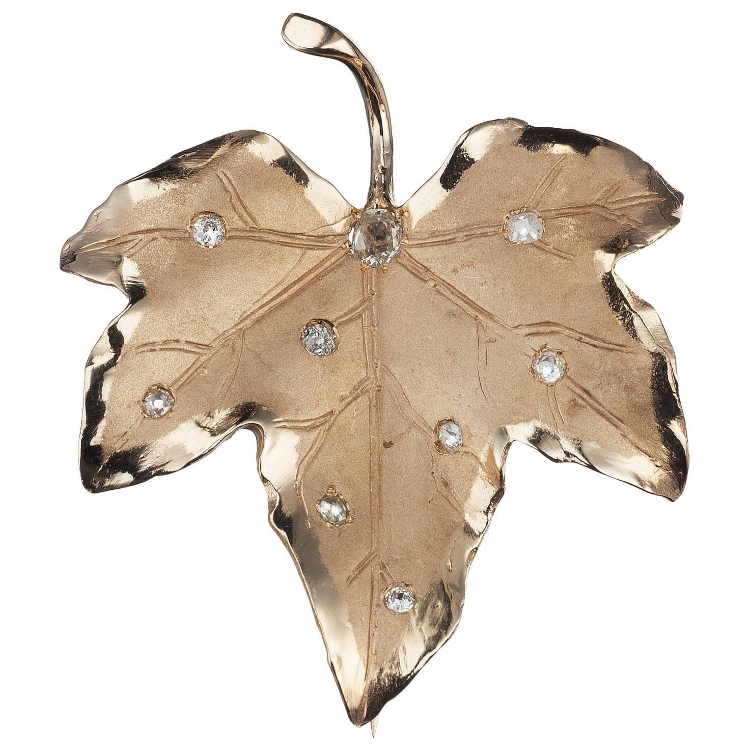 Leaf Brooch with Diamonds in 14 Karat Yellow Gold
