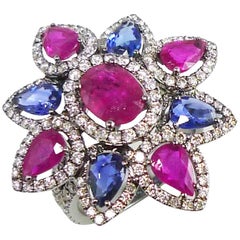 Blue Sapphire Ruby Diamond Flower Cocktail Ring 7