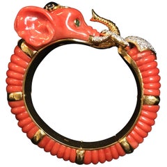 Carved Coral Diamond Sapphire Emerald Elephant Bangle