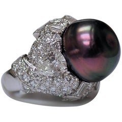 Vintage David Webb Black Pearl Diamond Platinum Ring
