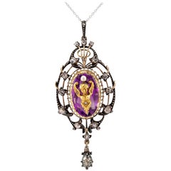 Victorian 1850s Amethyst Pearl Diamond Gold Silver Pendant