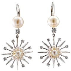 Retro Modernist 1950s Cultured Pearl Diamond Gold Earrings