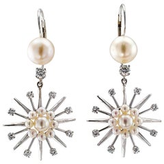 Modernist 1950s Cultured Pearl Diamond Gold Earrings 10
