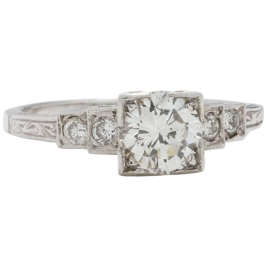 Vintage Style Engagement Ring Platinum 0.85 Carat Round Brilliant D-SI1 For Sale