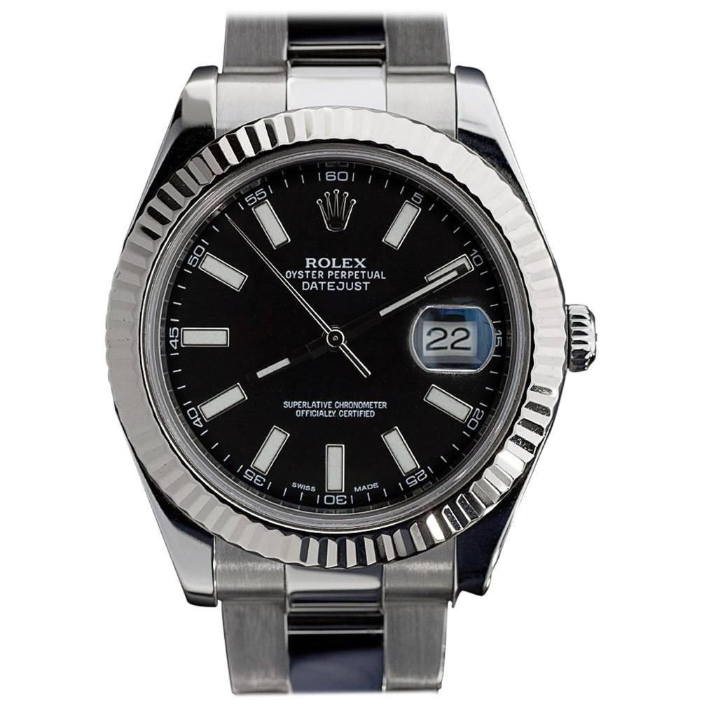 Rolex Stainless Steel Oyster Datejust II Black Dial White Gold Bezel Wristwatch
