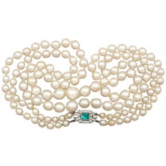 Double Strand Pearl Necklace with White Gold and Diamond Clasp 6
