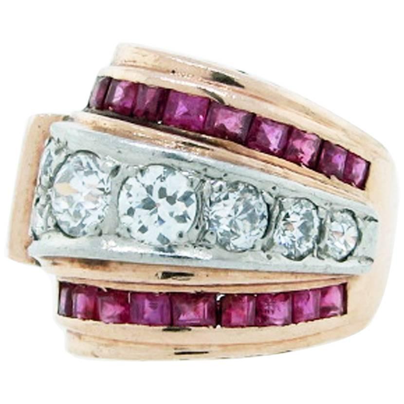 Bold Retro Ruby and Diamond Ring Made by Marlin N.Y.