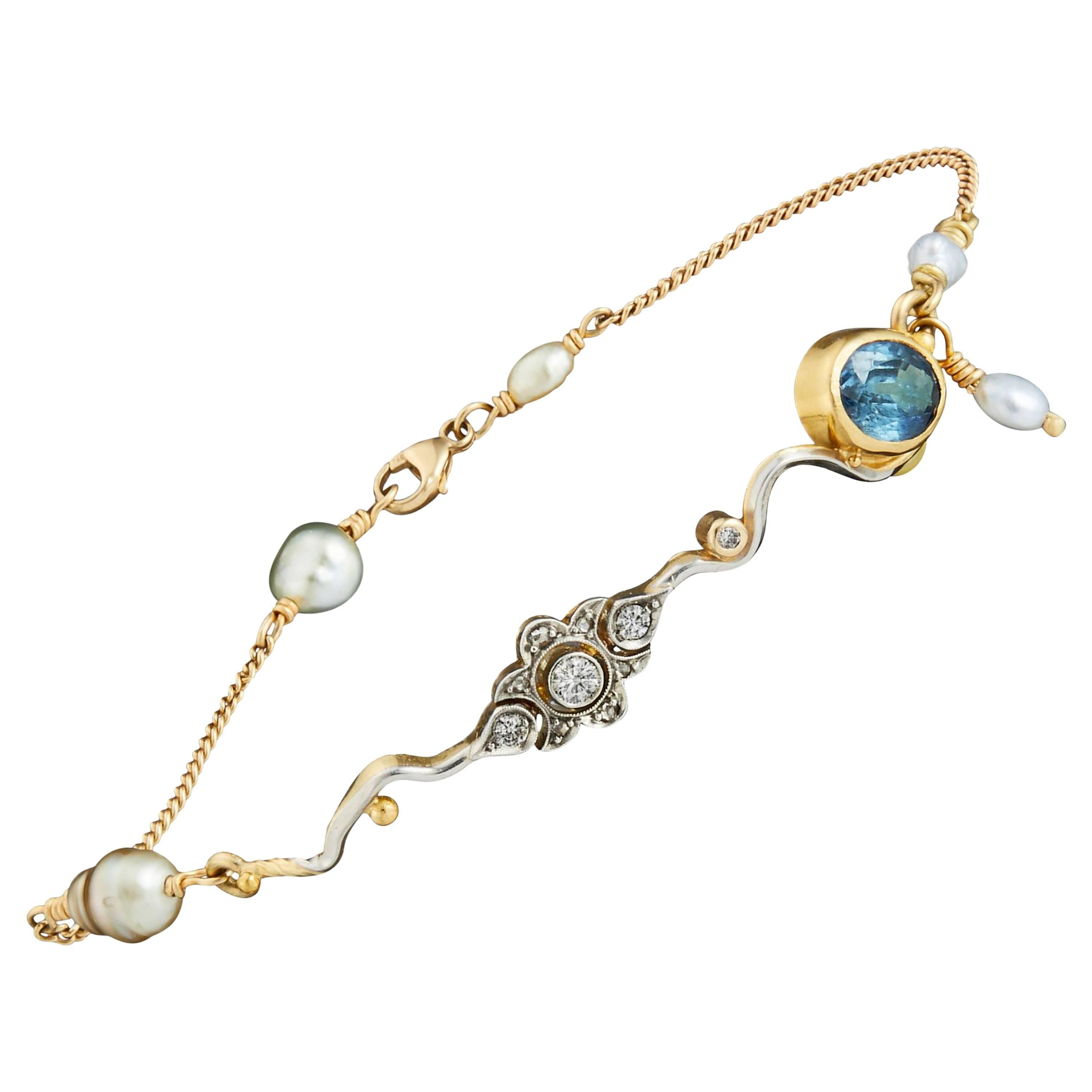 Bergsoe Vintage White Gold Yellow Gold Diamond Sapphire Pearl Bracelet For Sale