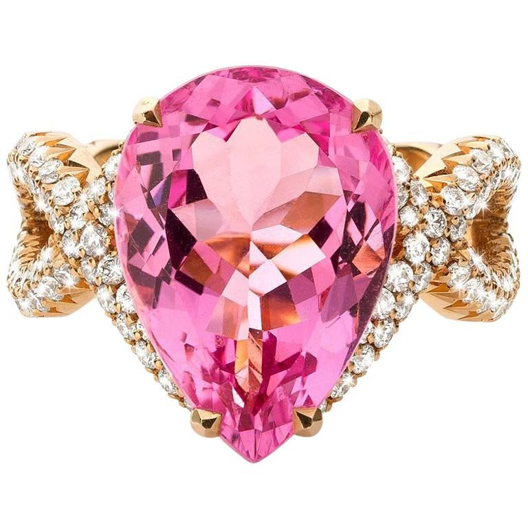 Rose Gold Madagascar Pink Pear Morganite Diamond Ring For Sale