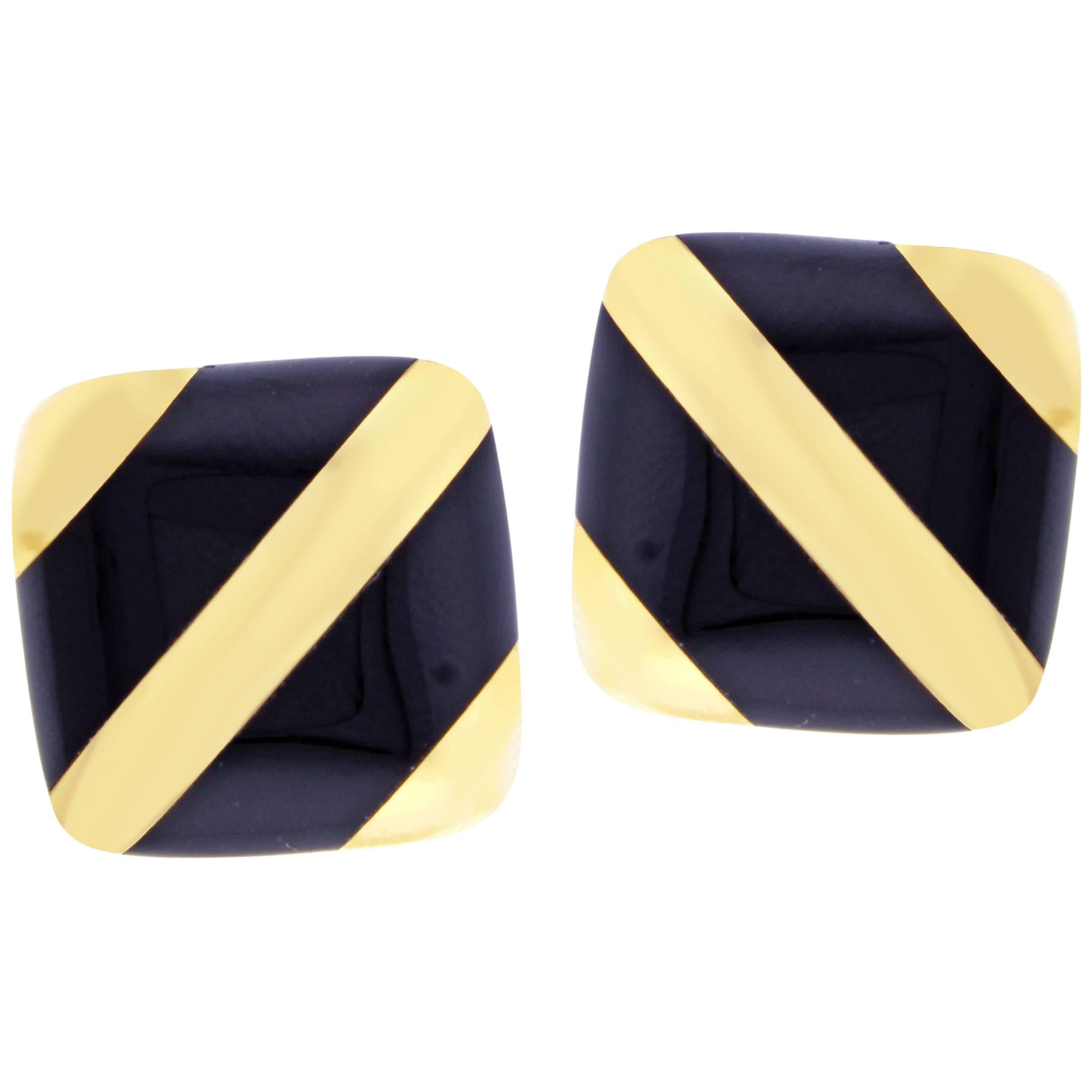 Michael Bondanza Black Onyx Striped Gold Earrings